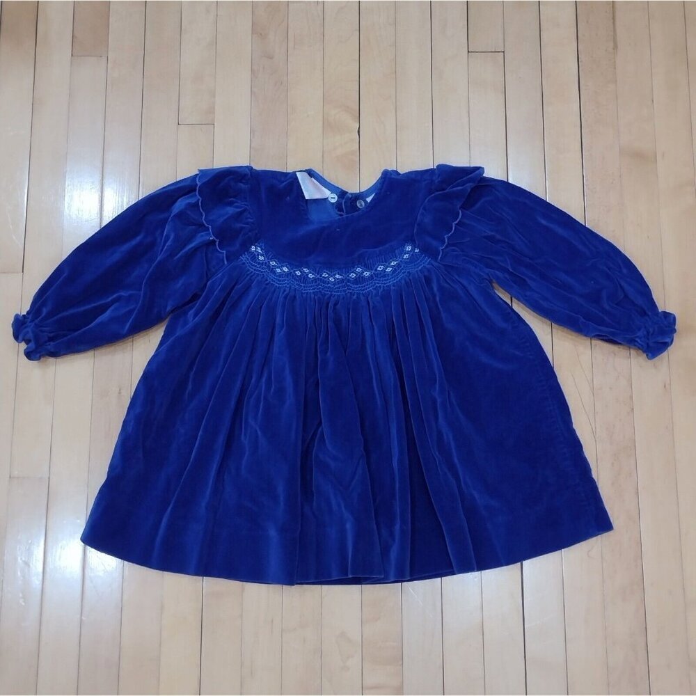 Vintage Stork Club Blue Velvet Floral Smocked Dress Shirt Ruffles 18 Mo